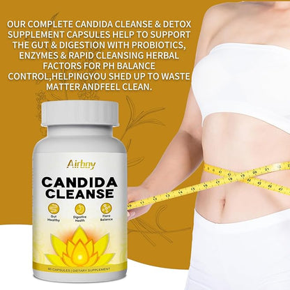Airboy Candida Cleanse,Gut Colon Cleanse Detox for Women & Men,Candida Support with Oregano Leaf, Caprylic Acid，Wormwood, Black Walnut-60 Counts
