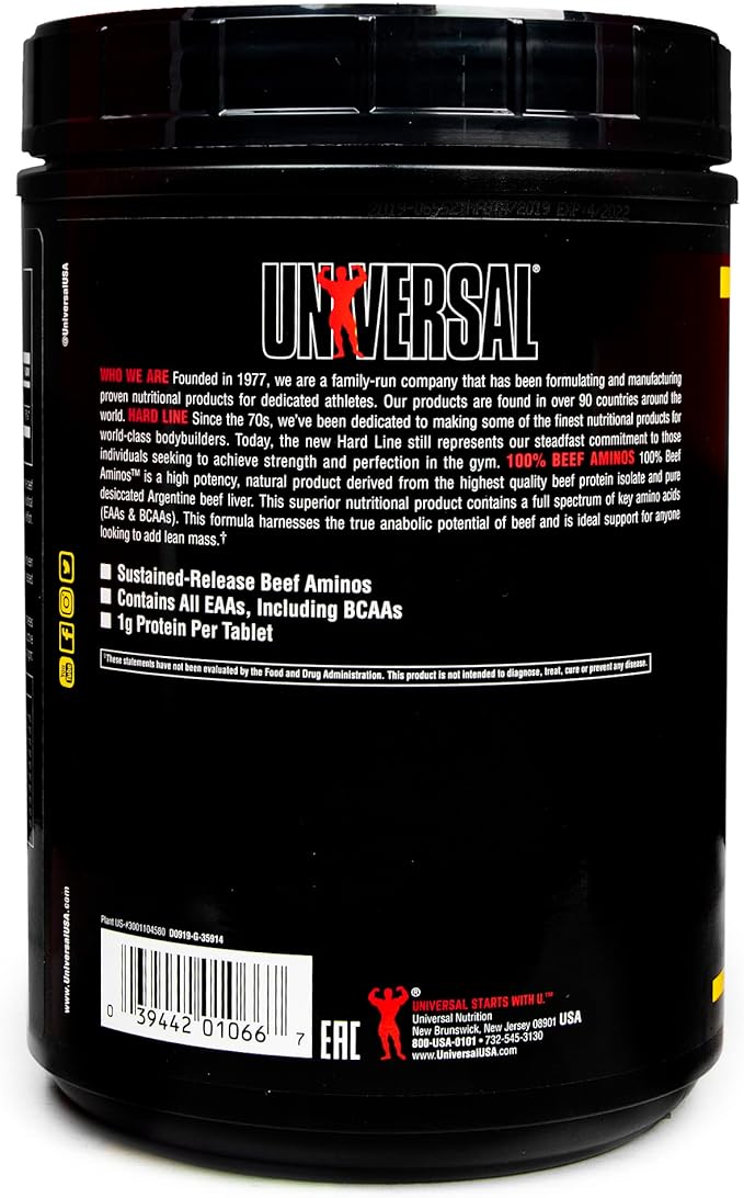 Universal Nutrition - 100% Beef Aminos -3g of Beef Protein Isolate for Recovery and Growth - 400 Tabs