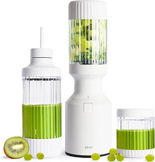 Beast Mighty 850 Plus | Premium Compact Personal Blender | Smoothies, Shakes, Dressings, Sauces | Blends Ice and Frozen Fruit | New XL Vessel | Extra Vessels, Lids and Straws | 850W (Cloud White)