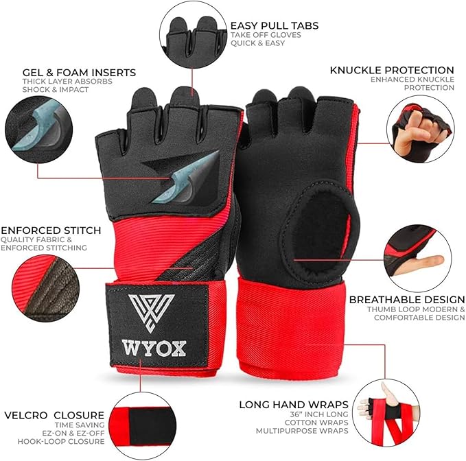 WYOX Gel Boxing Hand Wraps Inner Gloves for Men & Women, 80cm Quick Wrist Straps, Padded Knuckle Protection for Muay Thai Kickboxing, Hand Wraps for Boxing & Martial Arts