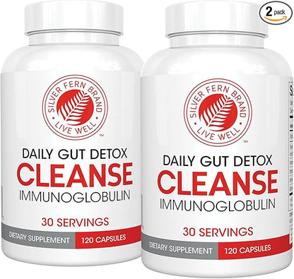 Silver Fern Cleanse - Daily Gut Detox - 2 Bottle - 240 Capsules - 60 Day Supply - Immunoglobulin G, A & M -(IgG, IGA, IgM) - Digestive System Detoxificaton & Immune System Support - Postbiotic