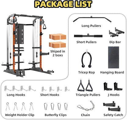Multi-Function Power Cage, Power Rack with Dual Independent Pulley System, 2000LB Capacity Workout Cage with Adjustable Cable Crossover System and Training Attachment, Squat Rack for Home Gym