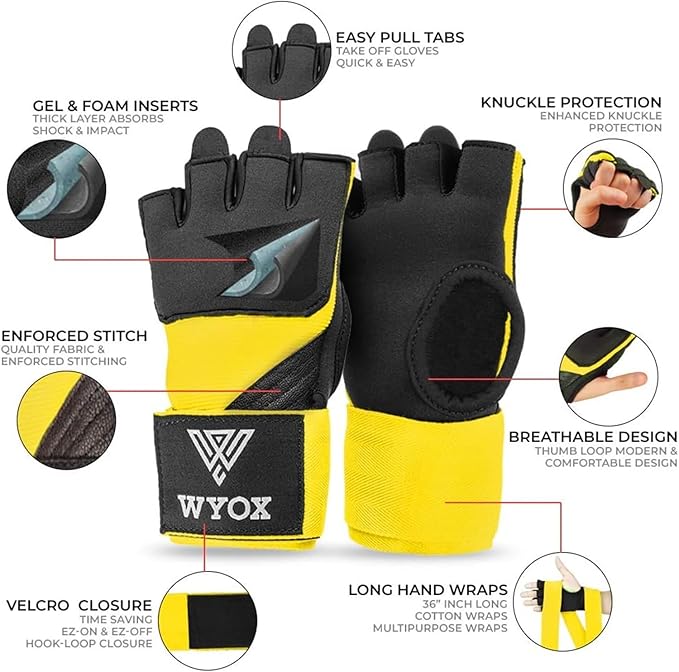 WYOX Gel Boxing Hand Wraps Inner Gloves for Men & Women, 80cm Quick Wrist Straps, Padded Knuckle Protection for Muay Thai Kickboxing, Hand Wraps for Boxing & Martial Arts
