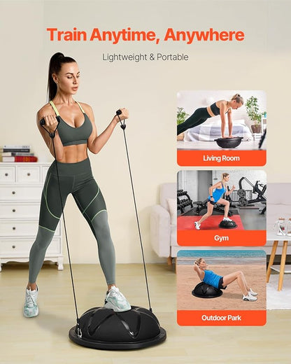 VEVOR Half Exercise Ball Trainer, 23/26 inch Balance Ball Trainer, 1500lbs Capacity Stability Ball, Yoga Ball with Resistance Bands & Foot Pump, Strength Fitness Ball for Home Gym Full Body Workout Black