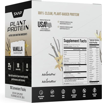 Snap Supplements 100% Plant Based Protein Powder Stick Packs with Nitric Oxide Booster (10 Pack, Vanilla)