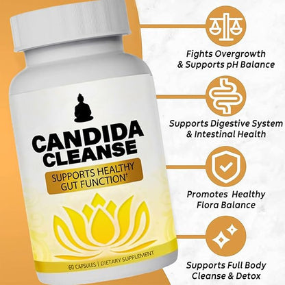 Candida Cleanse - Gut & Colon Support, Advanced Probiotic & Herbal Formula, Natural Herbal Formula, Oregano Leaf, Wormwood, Black Walnut, Caprylic Acid-1 for Men & Women, 60 Capsules