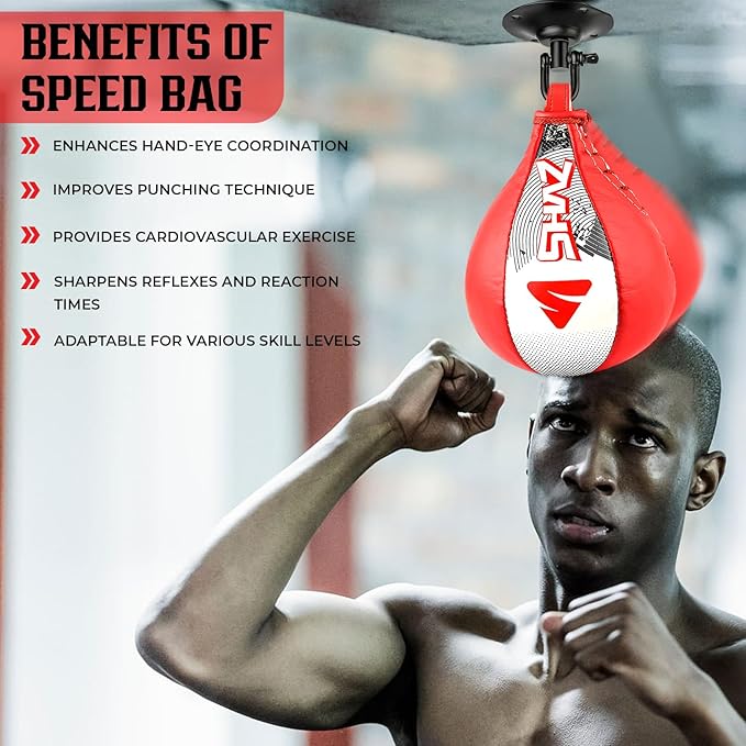 SHAZ Skin-Tec Leather Boxing Speed Bag with Swivel Punching Training Speedbag MMA Muay Thai Punch Speed Ball with Hanging Swivel Mount Dodge Striking Speedball