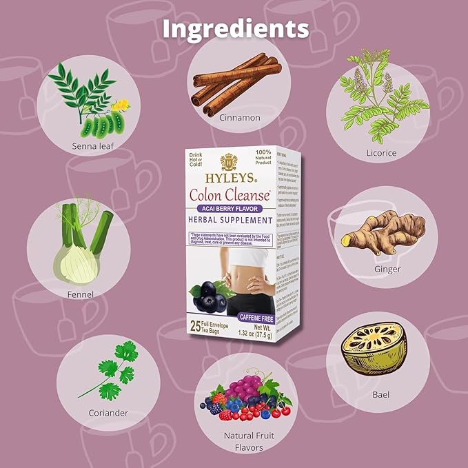 Hyleys Colon Cleanse Tea Acai Berry Flavor - 25 Tea Bags (12 Pack - 300 Tea Bags Total)