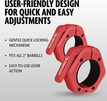 DMoose Fitness Barbell Clips 2" (Pair) - Quick Release Olympic Barbell Clamps & Collars with Anti Slip TPR Lining for Secure Weightlifting & Powerlifting - Weight Clips for Bars at Home or Gym