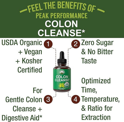 USDA Organic Colon Cleanse Liquid Drops. Vegan, Kosher Colon Cleanser & Detox Supplement with 10+ Super Gentle Herbal Ingredients Including Organic Cascara Sagrada Bark and Organic Yellow Dock Root