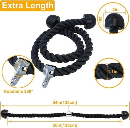 Double Length Tricep Pull Down Rope - 54 Inches Attachment for Cable Machine - Heavy Duty Long Tricep Pull Down Rope