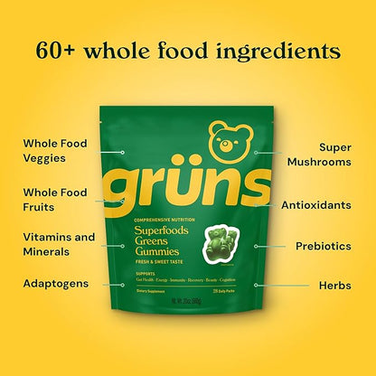 Daily Super Greens Gummies: Organic Spirulina and Chlorella, Prebiotics for Digestive & Gut Health, 20+ Vitamins and Minerals, Adaptogens & 60+ Organic Ingredients, 28 Day (224 Count)