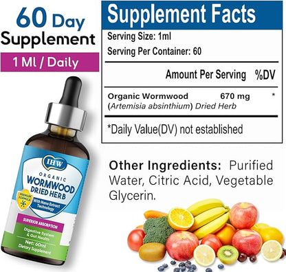 IHW Wormwood Liquid Drops, Organic Wormwood Drops with Black Walnut for Digestive and Intestinal System Support, Extra Strength Oral Gut Health Supplements