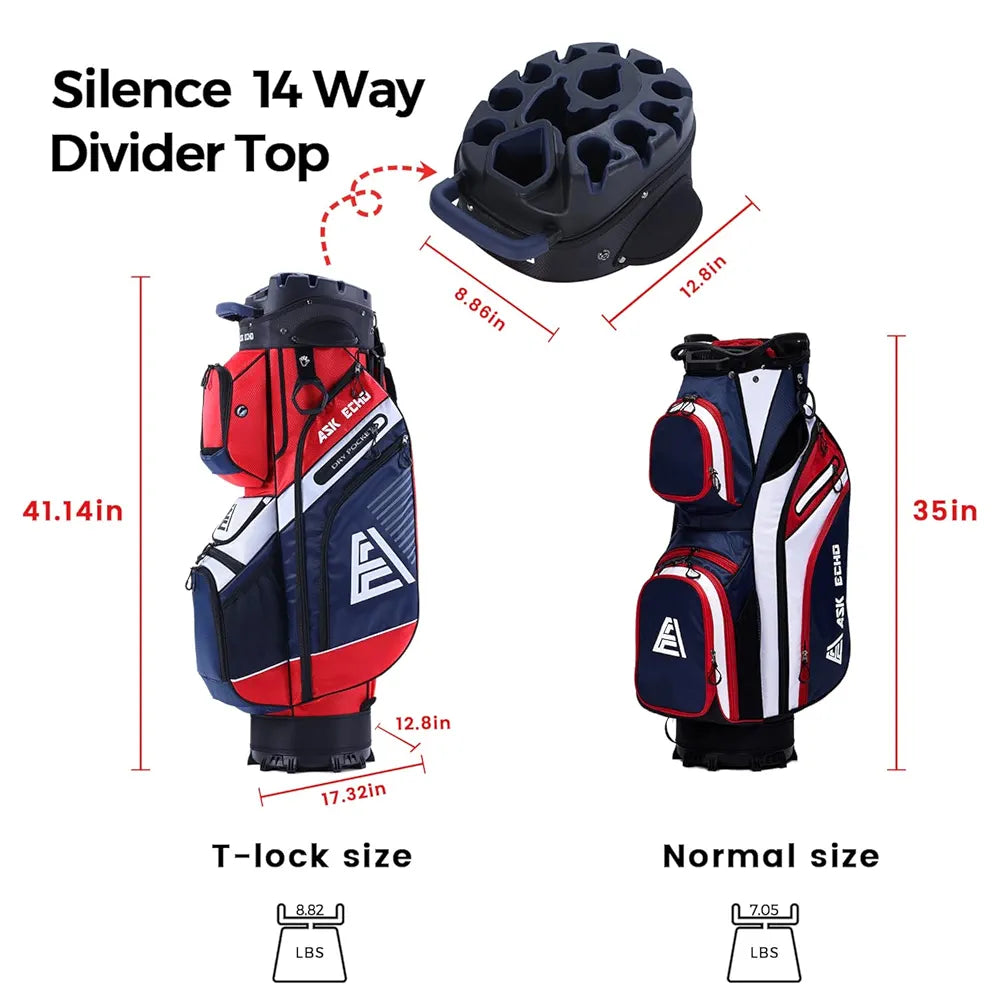 ASK ECHO T-Lock Golf Cart Bag with 14 Way Organizer Divider Top, Premium Cart Bag with Handles and Rain Cover for Men