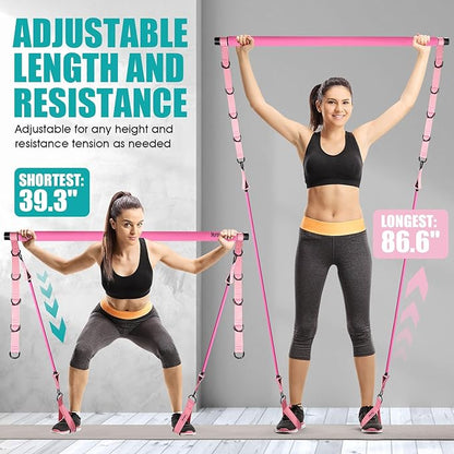 Pilates Bar Kit With Resistance Bands, Workout Equipment for Legs, Hip, Waist, Arm, Squats Exercise Equipment for Home Workouts, Adjustable 3-Section Bar Kit for Women & Men