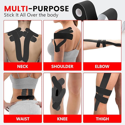5 Rolls Kinesiology Tape, 2 inch x 16.4 Feet Waterproof Athletic Tape, Uncut Kinetic Tape, Muscle Tape, Sports Tape, Knee Tape for Exercise and Daily Use - Black