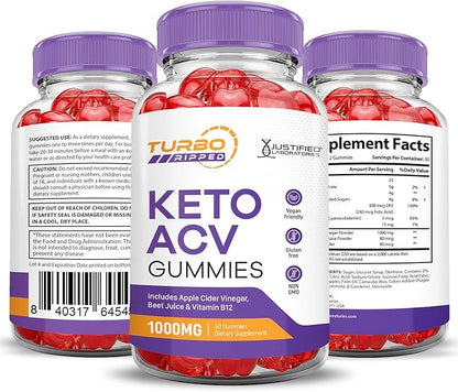 (5 Pack) Turbo Ripped Keto ACV Gummies Advanced Formula 1000MG Turbo Ripped Keto Gummies Apple Cider Vinegar Formulated with Pomegranate Beet Juice Powder B12 Vegan Non GMO 300 Gummys