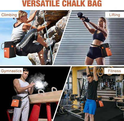 Rhino Valley Chalk Bag for Rock Climbing, No Leak Magnetic Climbing Chalk Bag with Handle, Climbing Chalk Bucket Gear with Adjustable Belt Zipper Pockets for Cross Fit, Weight Lifting
