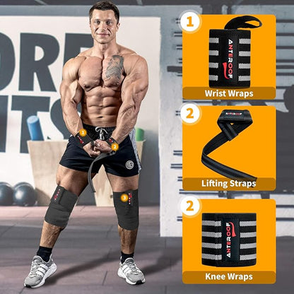 Strength Training Kit: Knee Wraps, Wrist Wraps, and Lifting Straps Set (3 Pairs) - Ultimate Protection for Weightlifting, Bodybuilding, and Fitness Workouts