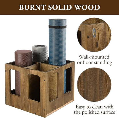 MyGift 4-Slot Vintage Brown Wood Foam Roller Storage Organizer, Wall Mounted or Floor Standing Holder Rack for Yoga Mats and Gym Accessories