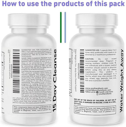Youth & Tonic Jumpstart Cleanse – Water Weight Away Pills & 15 Day Colon Detox & Gut Cleanser for Bloating, Energy, and Metabolism Support – Aids in Shedding Excess Fluids for a Lighter Body – 90 Caps