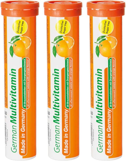 T&D German Multivitamin Drink Effervescnet Tablets 60 Servings Orange Flavour - Vitamin C, E, B1, B2, B6, B12, Biotin, Folic Acid, Niacin, Pantothenic Acid Pharma – Made in Germany