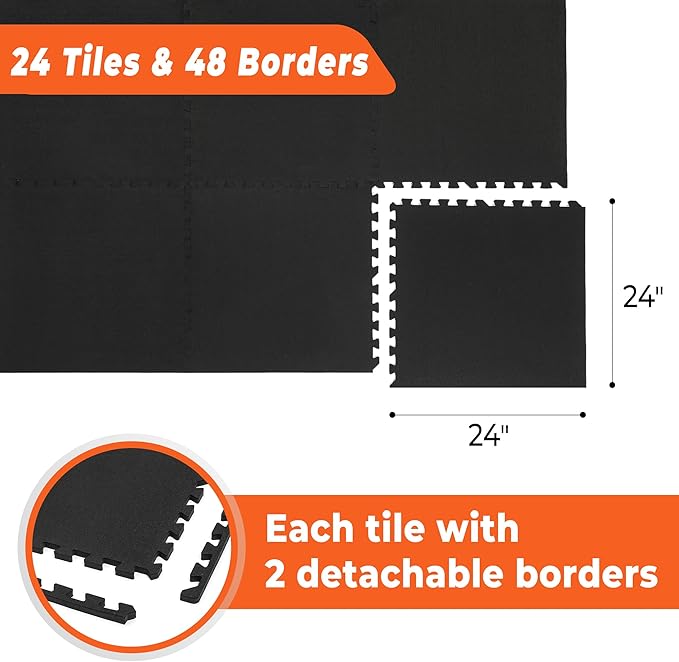 SUPERJARE 0.4 Inch Gym Flooring for Home Gym 24 Tiles 24" x 24" Workout (96 sqft)