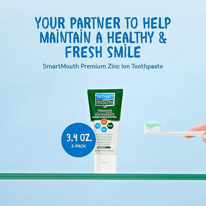 SmartMouth Premium Zinc Ion Toothpaste, Cavity, Enamel, and Plaque Help, Mild Mint, 3.4 oz, 3 Pack