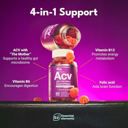 Essential Elements Apple Cider Vinegar Gummies from The Mother - Naturally-Sourced, Vegan ACV with Folic Acid and Vitamin B6 & B12 60 Count