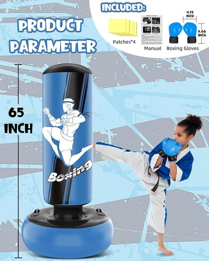 66 Inch Inflatable Kids Punching Bag with Boxing Gloves, Freestanding Boxing Bag, Stand Kids Punching Bag Toy, Bounce-Back Bag Gifts for Kids, Girls, Boxing Set for Practicing Karate, Taekwondo, MMA