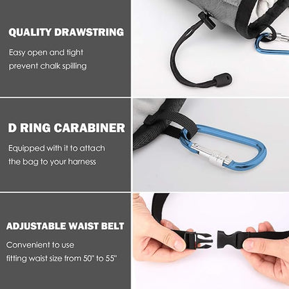 MoKo Rock Climbing Chalk Bag, Bouldering Chalk Pot Bucket with Adjustable Belt & Carabiner Drawstring Climbing Gear