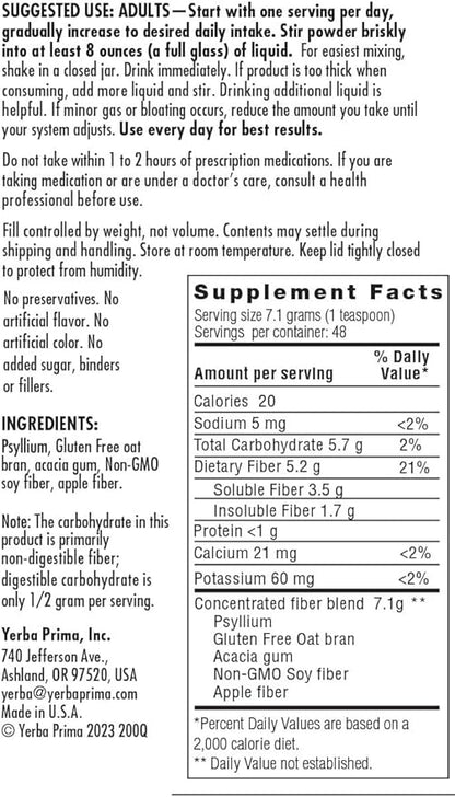 Yerba Prima Daily Fiber Formula Powder - 12 oz (Pack of 2) - Soluble & Insoluble Dietary Fiber Supplement - Colon Cleanse - Gut Health - Vegan, Non-GMO, Gluten-Free