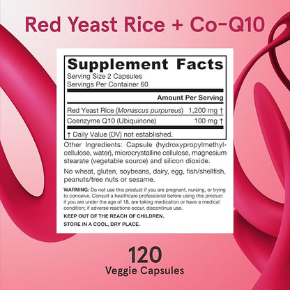 Jarrow Formulas Red Yeast Rice 1200 mg & Co-Q10 100 mg Per Serving - 120 Veggie Caps - 60 Servings - Herbal Heart Health Dietary Supplement - Supports Cardiovascular & Heart Health - Vegan