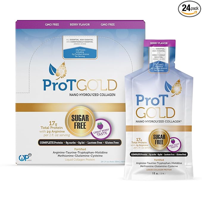Liquid Collagen Protein Shot, 17g Clear Protein Nano-Hydrolyzed Grass Fed Collagen, 2g Arginine for Wound Support, Gluten Free, Sugar Free, 0g Carbs, Non GMO, Berry, 1 fl oz, 24 Pack