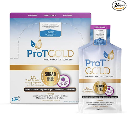 Liquid Collagen Protein Shot, 17g Clear Protein Nano-Hydrolyzed Grass Fed Collagen, 2g Arginine for Wound Support, Gluten Free, Sugar Free, 0g Carbs, Non GMO, Berry, 1 fl oz, 24 Pack