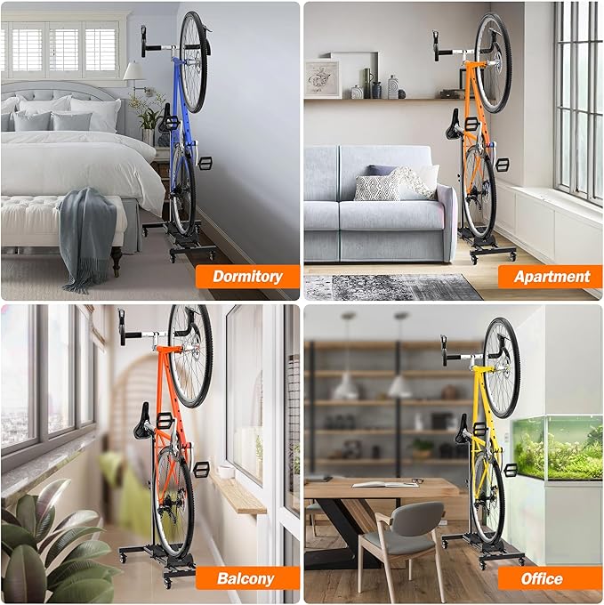 Vertical Bike Stand, Freestanding Indoor Bike Storage Rack Upright Bicycle Floor Stand Indoor Bike Holder with Adjustable Height for Garage & Apartment - for Wheels Sizes up to 29”