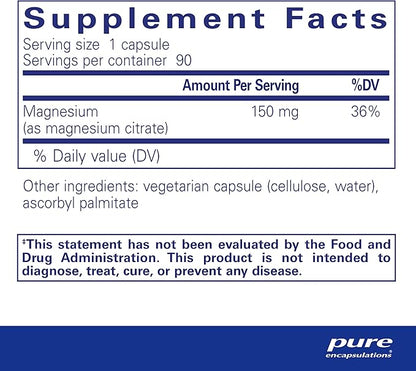 Pure Encapsulations Magnesium (Citrate) - Supplement for Sleep, Heart Health, Cognitive Health, Bone Health, Energy, Muscles, and Metabolism* - with Premium Magnesium - 90 Capsules