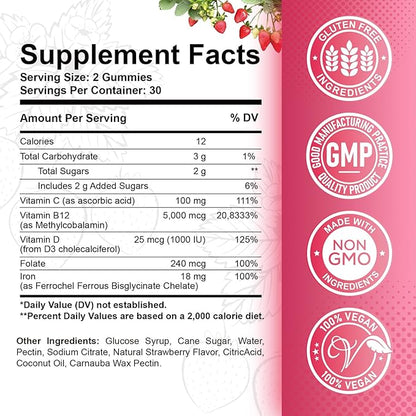 Vitamin B12 Complex Gummies - 5000 mcg Methylcobalamin with Iron, Vitamin C, D3 & Folate, Energy Support & Metabolism, Immune, B-12 Chewable Supplement for Men & Women, Strawberry Flavor, 2 Pack