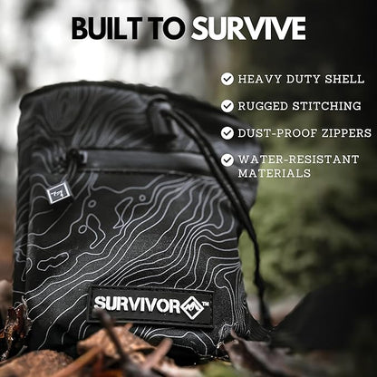 SURVIVOR Chalk Bag - Iconic Topographical Map, Draw String Closure, 2 Zippered Pockets, & Brush Holder - Chalk Bag for Rock Climbing, Bouldering, Weightlifting, Gymnastics & More