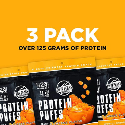 Twin Peaks Low Carb, Keto Friendly Protein Puffs, (Nacho Cheese), 2 Servings, 3 Pack (60g, 42g Protein, 4g Carbs)