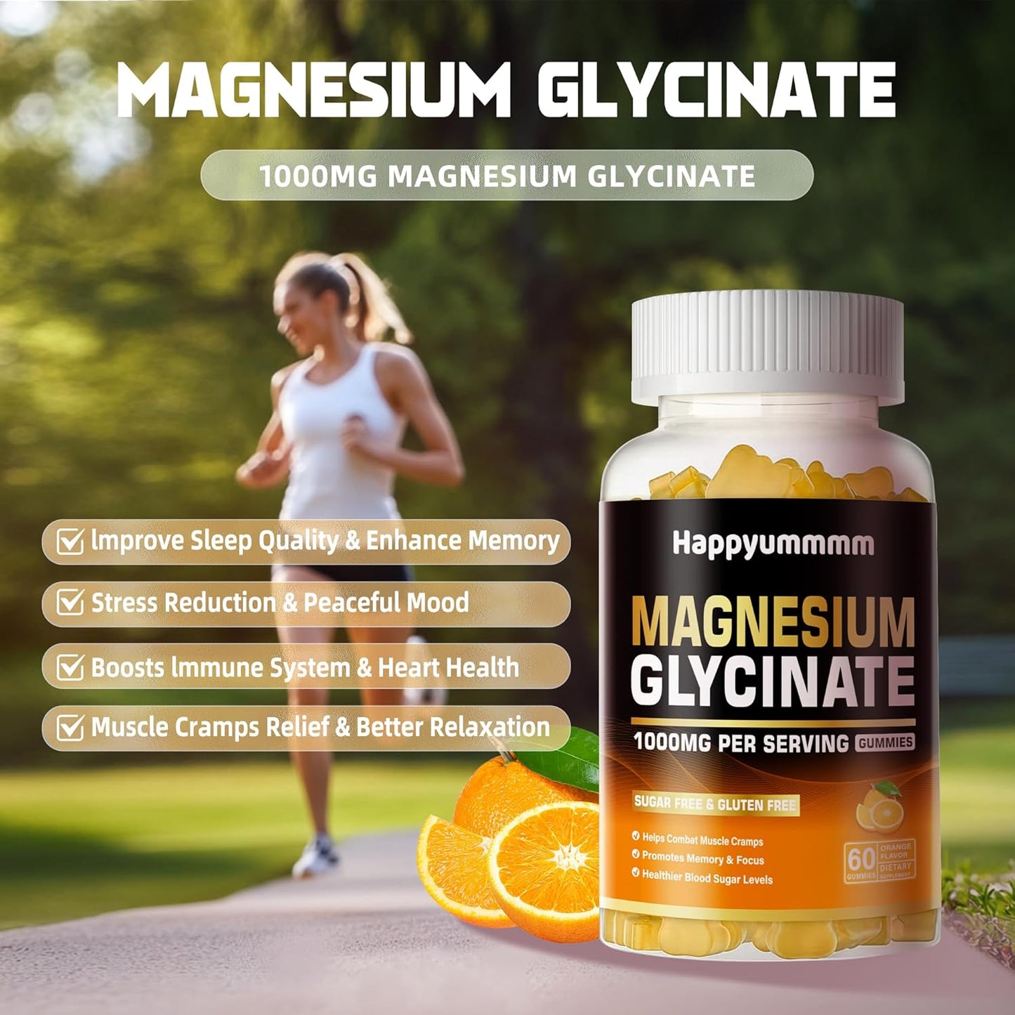 Magnesium Glycinate Gummies 1000mg - Sugar Free Magnesium Potassium Supplement with Vitamin D, B6, CoQ10 for Calm Mood & Sleep Support - 60 Orange Gummies