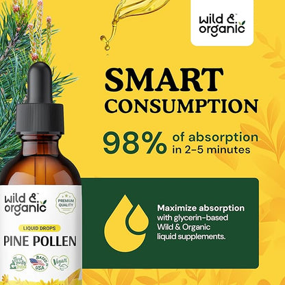Wild & Organic Pine Pollen Tincture - Immune Support Supplement w/Pine Pollen - Liquid Drops w/Wildcrafted Scots Pine Pollen & Pinus Sylvestris - Antioxidants Supplement w/Pine Pollen Extract 2 oz