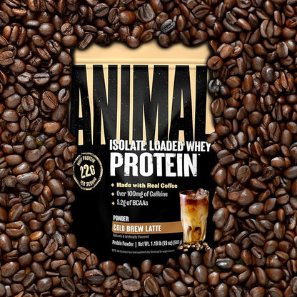 Animal Whey Protein Coffee Powder, Loaded with 22g of Protein, 100mg of Caffeine, and BCAAs for Pre & Post Workout Muscle Builder Recovery with Digestive Enzymes for Men & Women, Cold Brew Latte, 1 lb