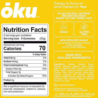 ōku Conscious Energy Gummy Snacks – Natural Caffeine from Green Tea & Yerba Mate, Vegan, Clean Ingredients, Gluten-Free, Focused Energy, Antioxidants & Fiber, Variety Pack of 8