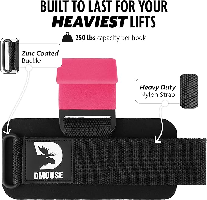 DMoose Fitness Weight Lifting Hooks (Pair) for Deadlifts, Pull Ups & Shrugs - 500 Lbs Capacity, Thick Wrist Padding - Heavy Duty Gym Workout Grips Straps for Men and Women