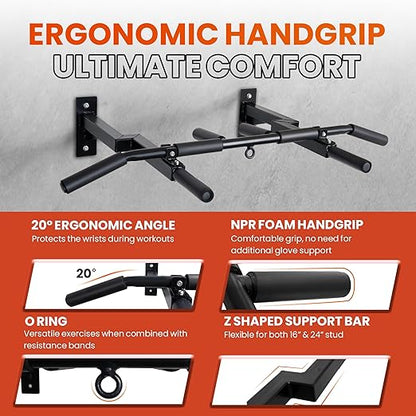 Yes4All Multi-Grip Wall Mount Pull-Up Bar 16 & 24" Reversible