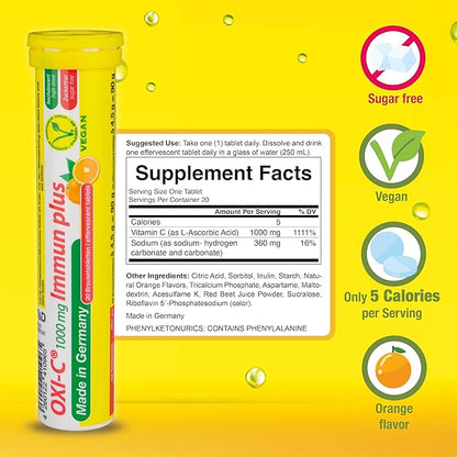 T&D Oxi C 1000 mg Vitamin C - 140 Vegan Drink Effervescent Tablets - Orange Flavor - Made in Germany