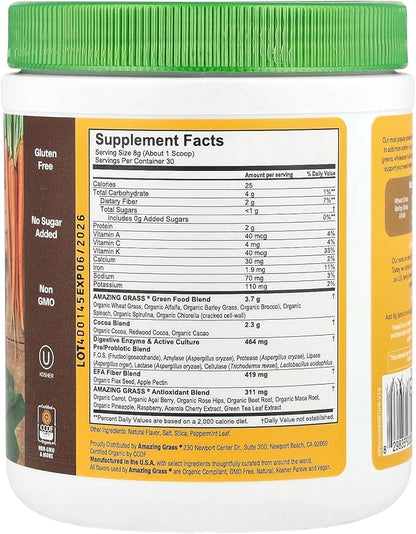 Amazing Grass Greens Superfood Powder: Greens Powder with Digestive Enzymes & Probiotics, Organic Spirulina, Chlorella, and Beet Root Powder, Chocolate, 30 Servings