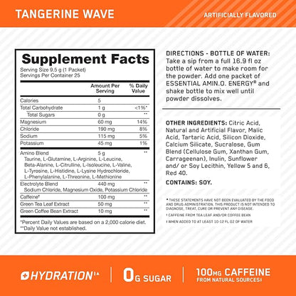 Optimum Nutrition Amino Energy Plus Hydration Packets, On-The-Go Energy Powder Stick Packs, Tangerine Wave, 25 Count