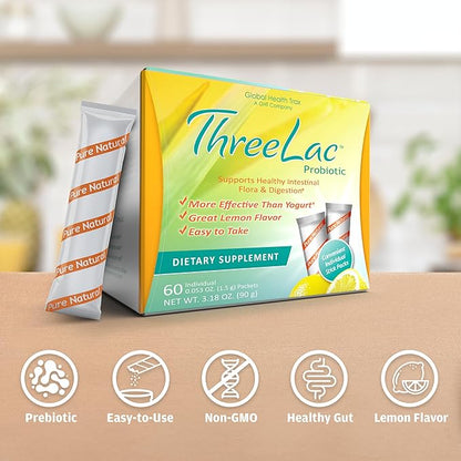 ThreeLac Lemon Probiotic Drink Mix for Digestive Health - Advanced Probiotic Powder Formula for Men, Women, and Kids - Immune Support & Gut Balance, Non-GMO - 120 Packets
